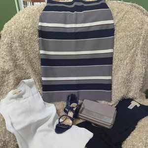 VEUC AT Pencil Skirt Sz M Womens Navy Gary White Knit